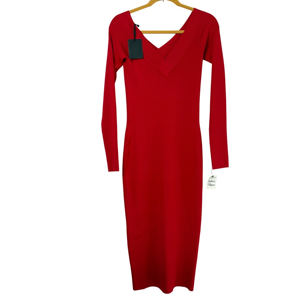Trouve Ribbed V-Neck Midi Dress Size M‎ Red Samba Bodycon Long Sleeve NWT
